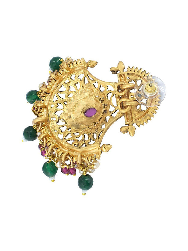 Gold-Plated Stones Studded & Beads Beaded Chandbalis Earrings