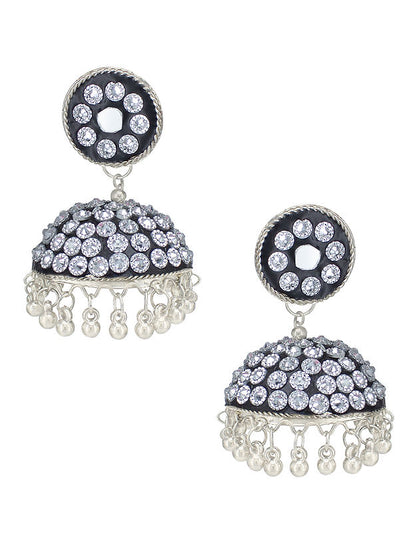 Silver Oxidised Black Mirror & Artificial Stones Studded Jhumka Earrings