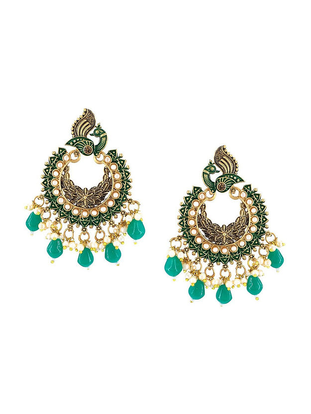 Gold-Plated Green Peacock Shaped Meenakari Chandbalis