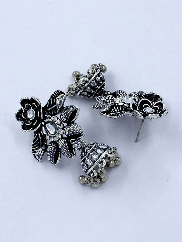 Silver Oxidised Floral Jhumki Earrings