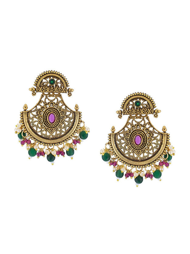 Gold-Plated Stones Studded & Beads Beaded Chandbalis Earrings