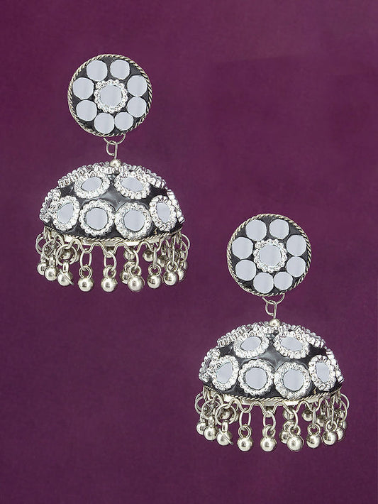 Silver Oxidised Black Mirror & Artificial Stones Studded Jhumka Earrings