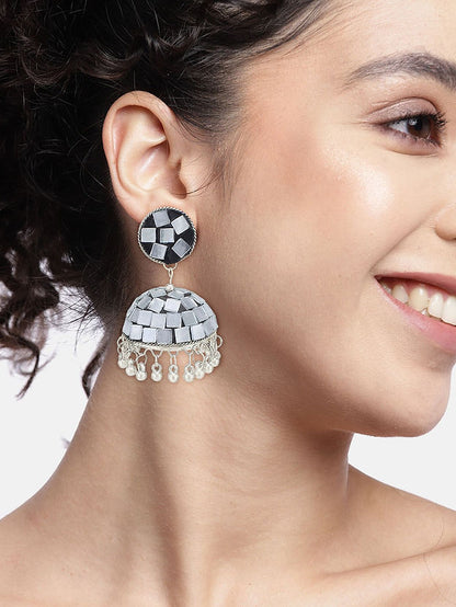 Silver Oxidised Black Mirror & Artificial Stones Studded Jhumka Earrings