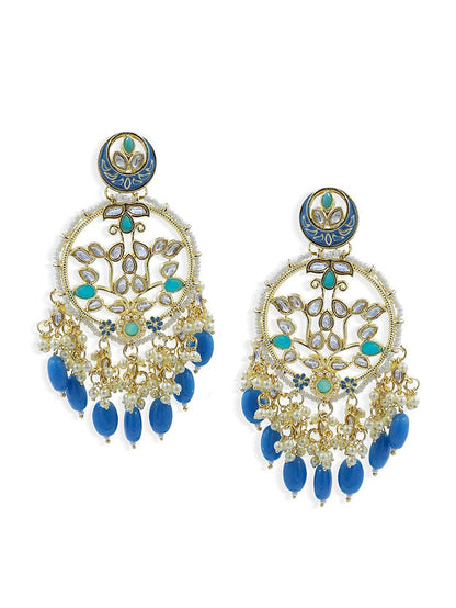 Gold-Plated Blue Artificial Stones and Beads Floral Drop Earrings