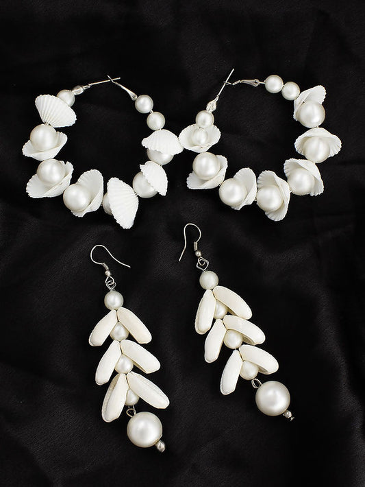 Pack Of 2 Silver Plated Faux Pearls & Shells Drop and Hoop Earrings