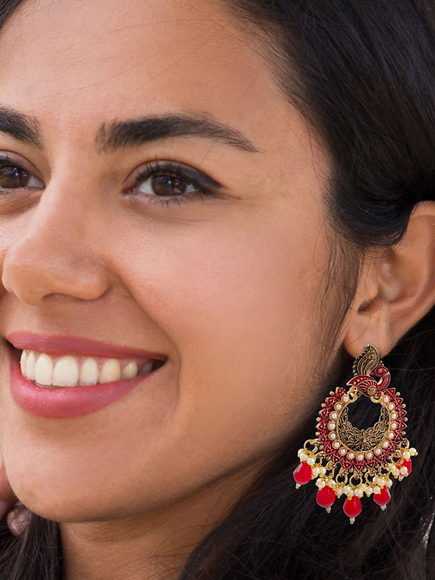 Gold-Plated Red Peacock Shaped Beaded Chandbalis Earrings