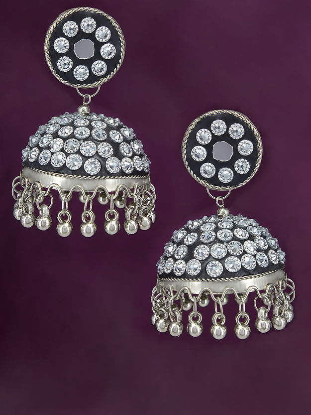 Silver Oxidised Black Mirror & Artificial Stones Studded Jhumka Earrings