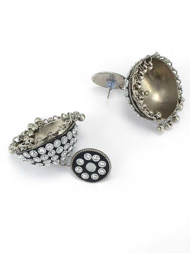 Silver Oxidised Black Mirror & Artificial Stones Studded Jhumka Earrings