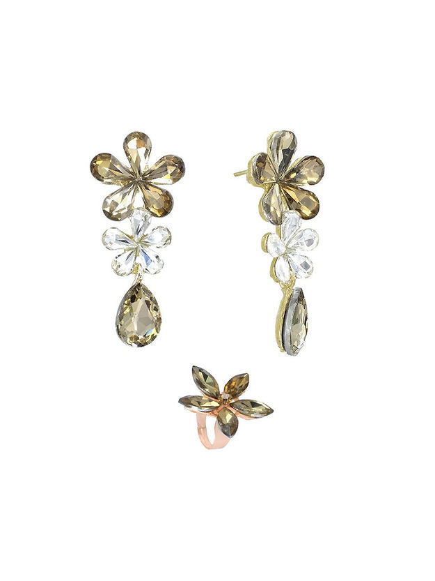 Gold-Plated Floral Stones-Studded Earrings With Ring