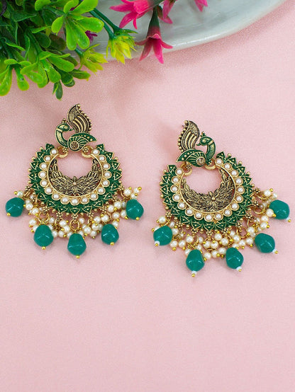 Gold-Plated Green Peacock Shaped Meenakari Chandbalis