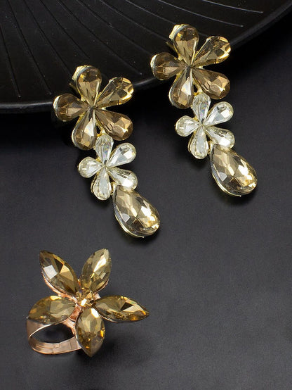 Gold-Plated Floral Stones-Studded Earrings With Ring