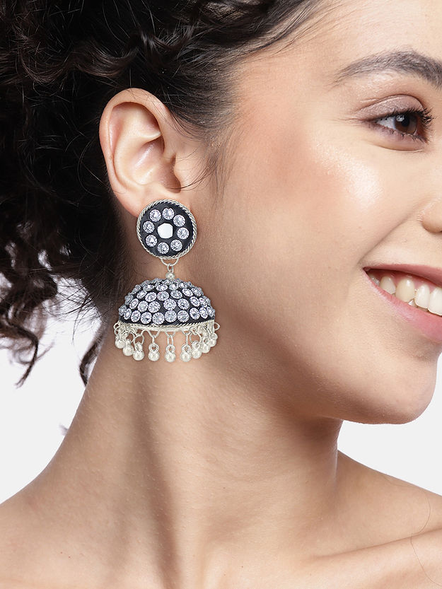 Silver Oxidised Black Mirror & Artificial Stones Studded Jhumka Earrings