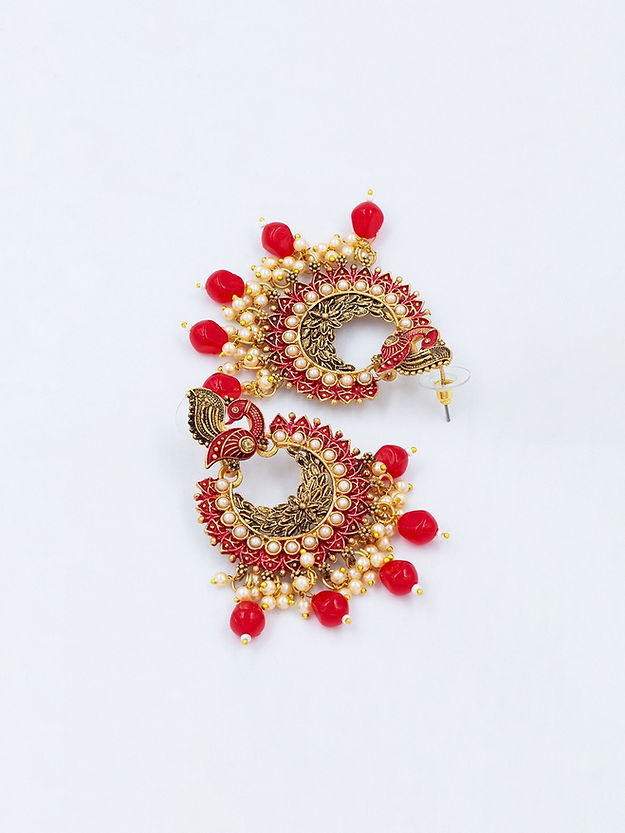 Gold-Plated Red Peacock Shaped Beaded Chandbalis Earrings