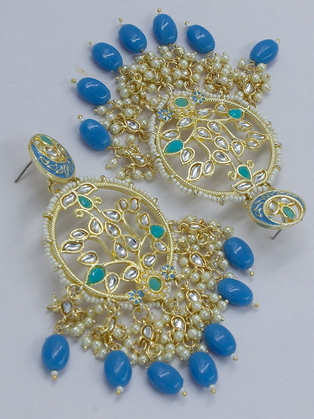 Gold-Plated Blue Artificial Stones and Beads Floral Drop Earrings