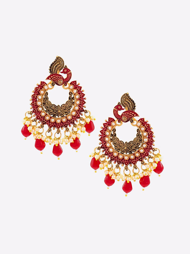 Gold-Plated Red Peacock Shaped Beaded Chandbalis Earrings