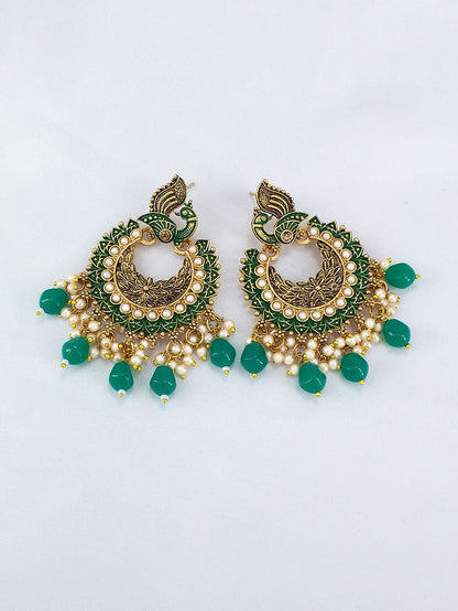 Gold-Plated Green Peacock Shaped Meenakari Chandbalis