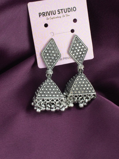 Silver-Plated Oxidised Geometric Jhumkas