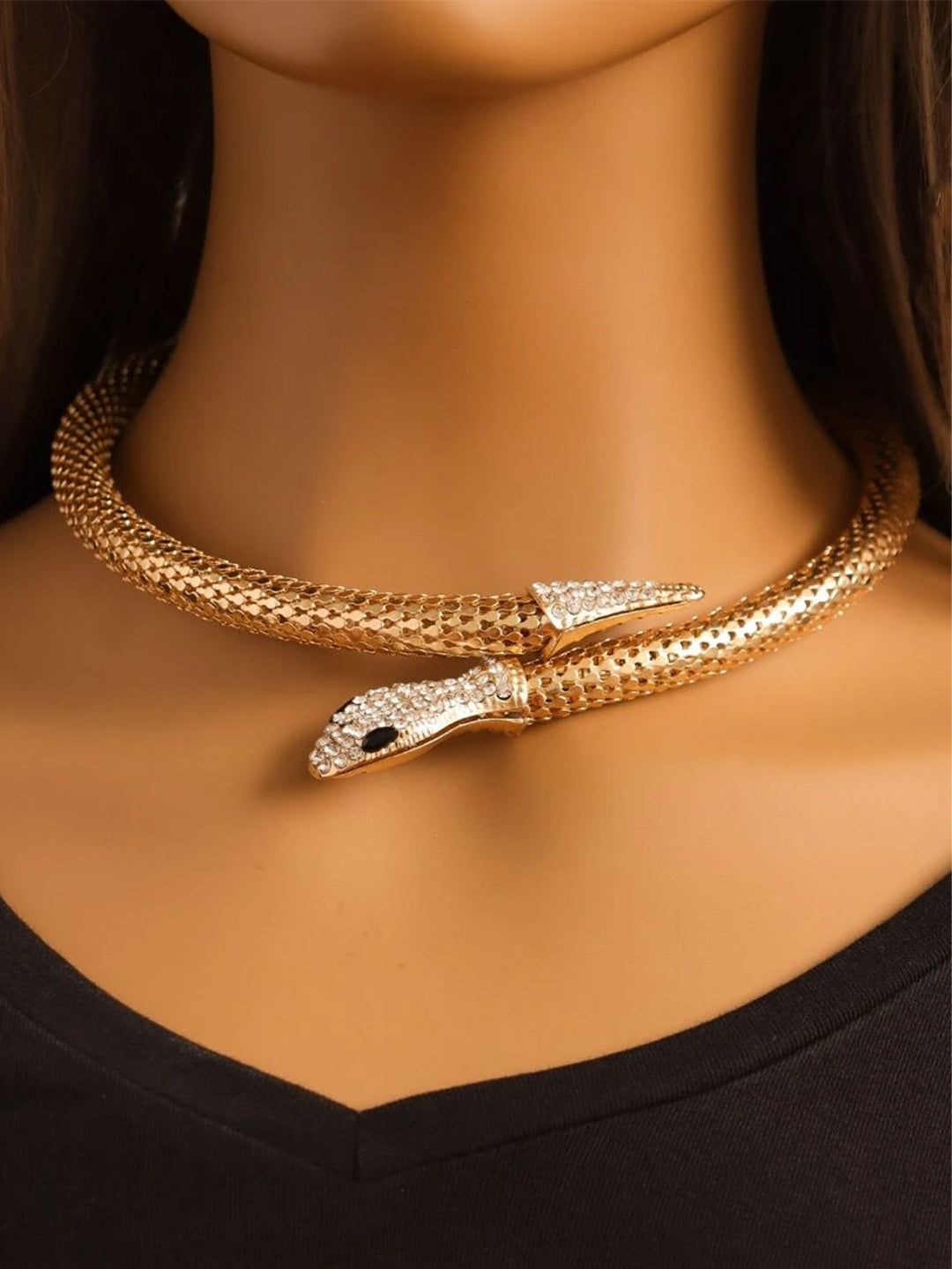 Serpent Gold Plated & Black Rhinestone Hasli Choker Necklace For Women