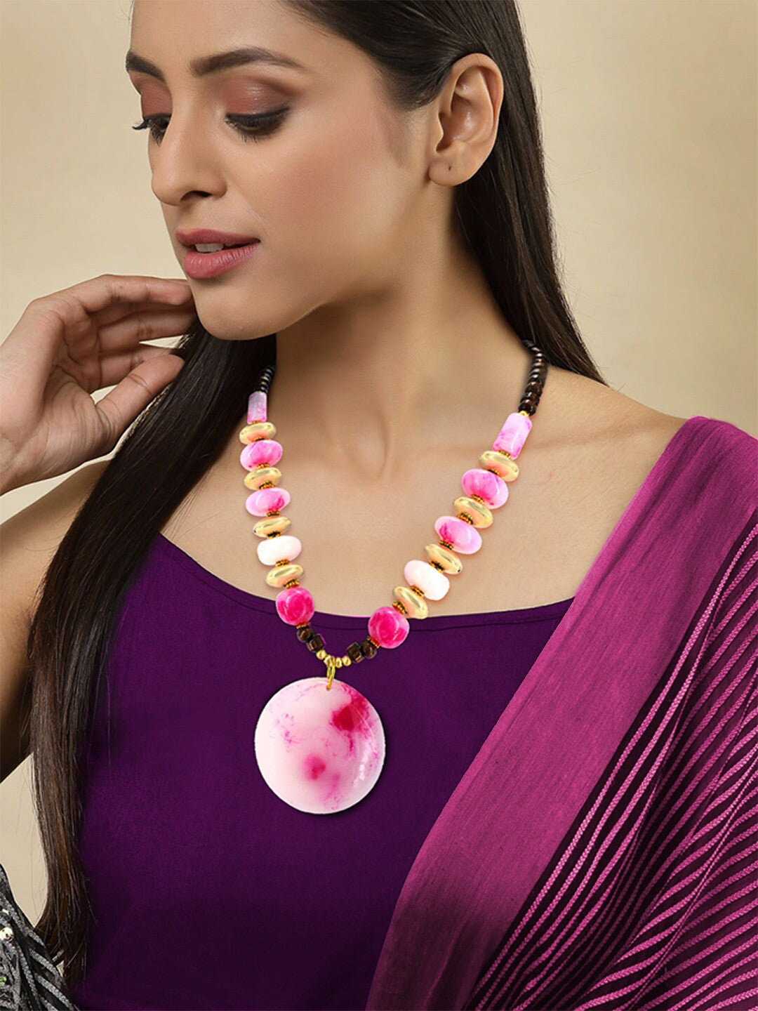 Gold Plated Pink Beaded Tibetan Style Necklace