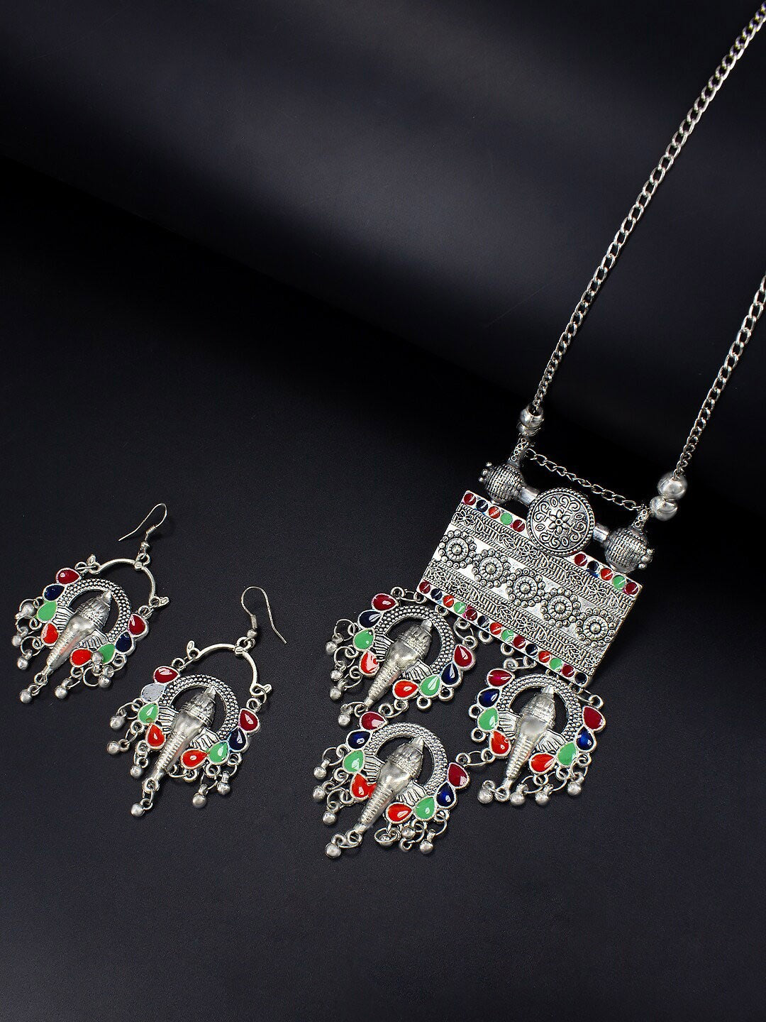 Silver-Plated Stone-Studded Necklace  Earrings