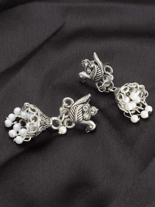 Silver-Plated Oxidised Peacock Shaped Jhumkas