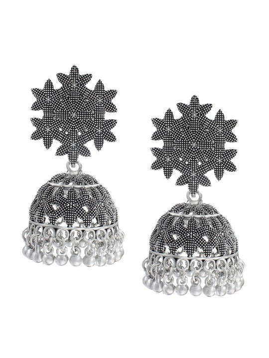 Silver-Plated Oxidised Floral Shaped Jhumkas