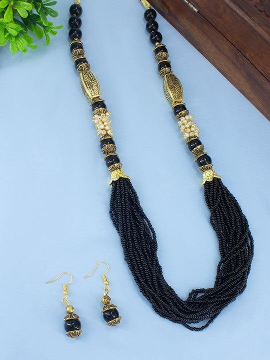 Gold Plated Black Beaded Layered Long Necklace & Earrings Set