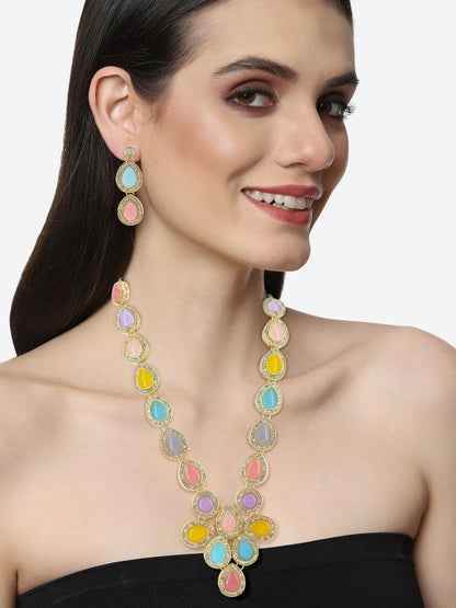 Gold-Plated Crystals-Studded Long Necklace & Earrings Set