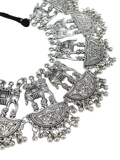 Silver Oxidised Elephant Shaped Temple Jewellery Set