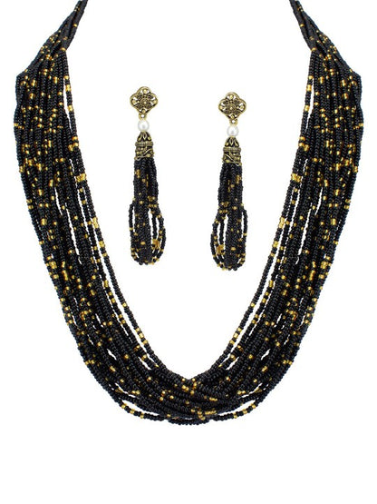 Brass-Plated Black Beaded Necklace & Earrings Set