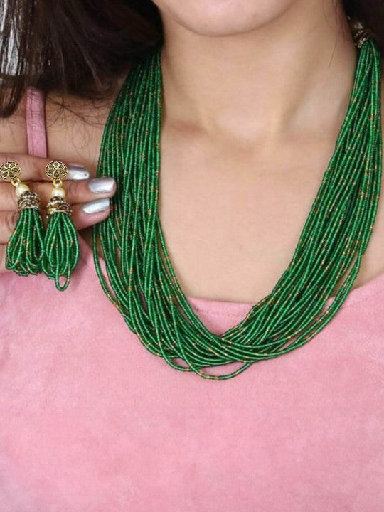 Brass-Plated Green Beaded Necklace & Earrings Set