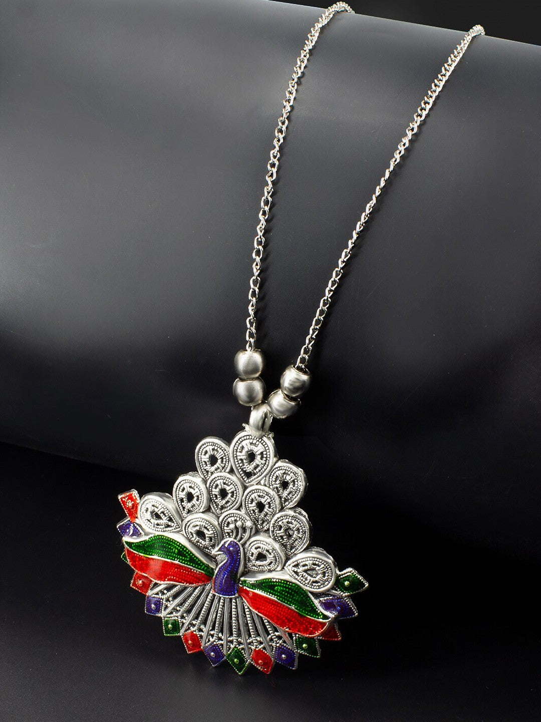 Silver Oxidised Peacock Long Necklace