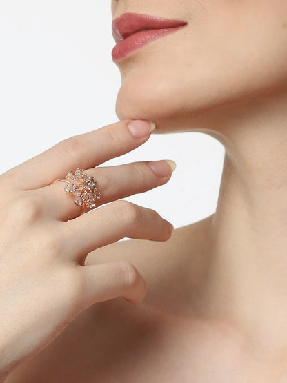 Rose Gold Plated American Diamond Earrings With Adjustable Finger Ring