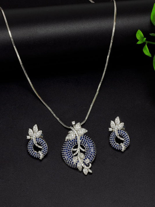 Rhodium-Plated American Diamond Studded Pendent & Earrings Set