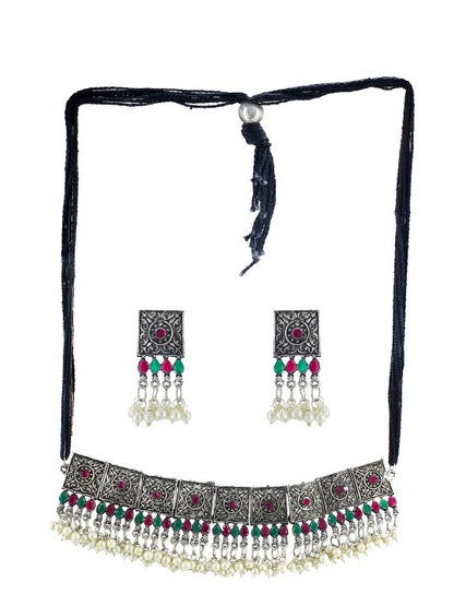 Silver Oxidised Stone Studded & Beaded Jewellery Set