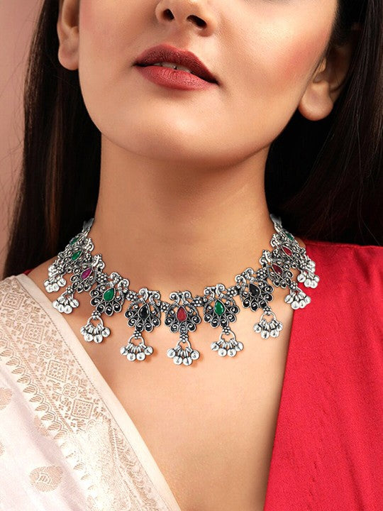 Silver-Oxidised Peacock & Floral Stone-Studded Jewellery Set