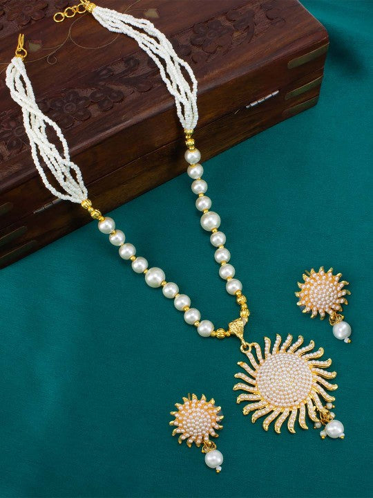 Gold Plated Pearls Beaded Necklace & Earrings Set