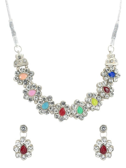 Silver Oxidised Multi Color Stone Studded Floral Jewellery Set