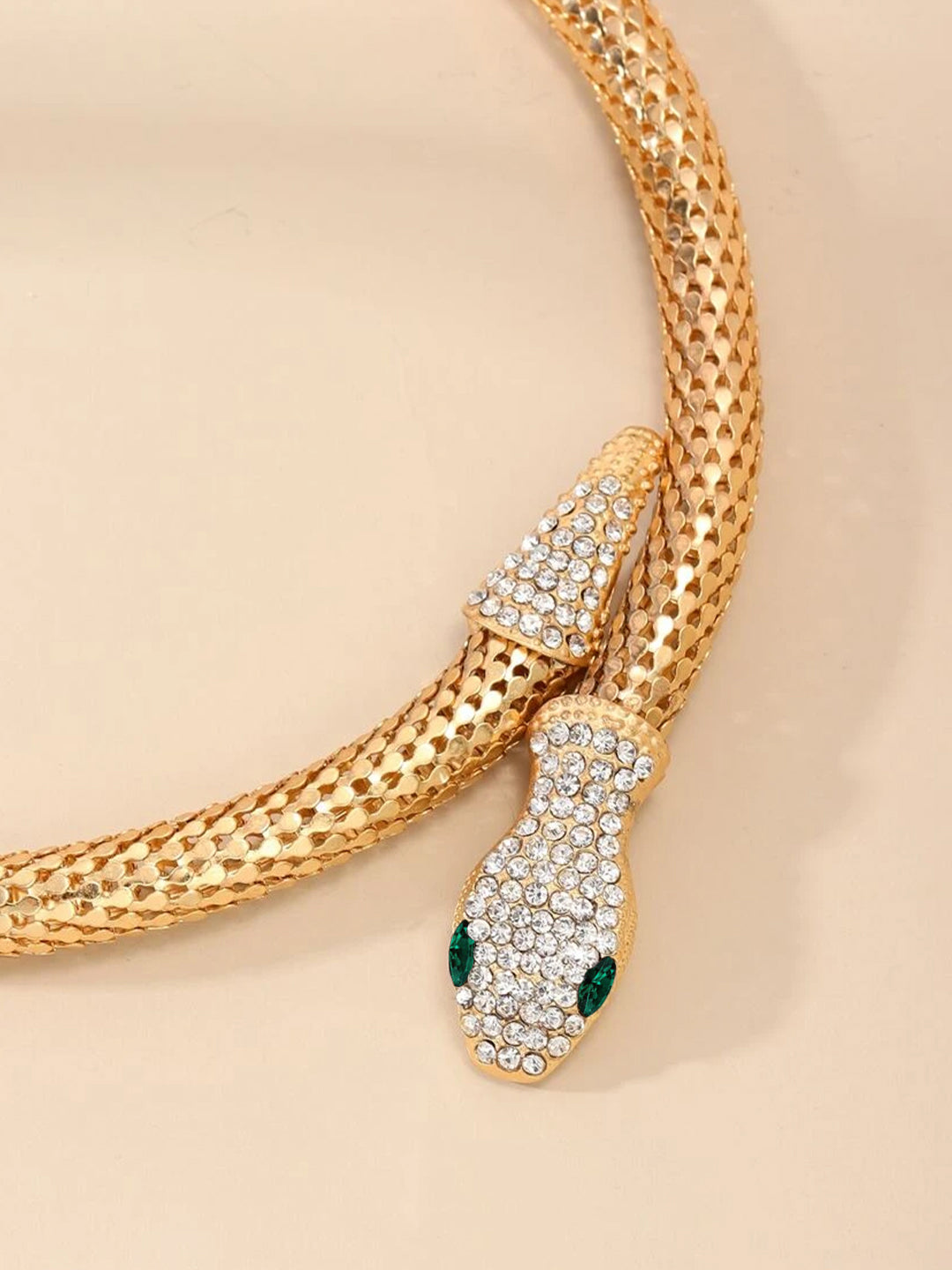 Serpent Gold Plated & Green Rhinestone Hasli Choker Necklace