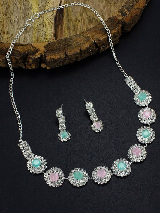 Silver-Plated Floral Pink & Mint CZ-Studded Jewellery Set