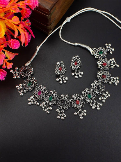 Silver-Oxidised Peacock & Floral Stone-Studded Jewellery Set