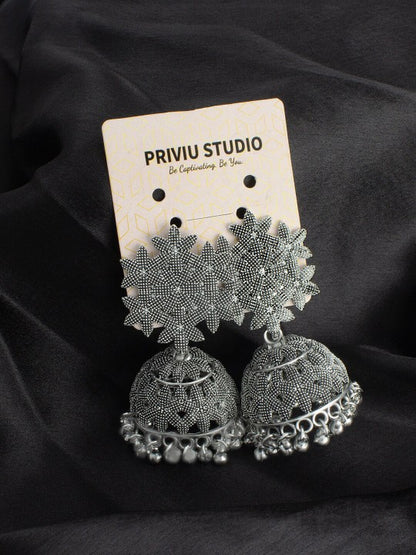 Silver-Plated Oxidised Floral Shaped Jhumkas