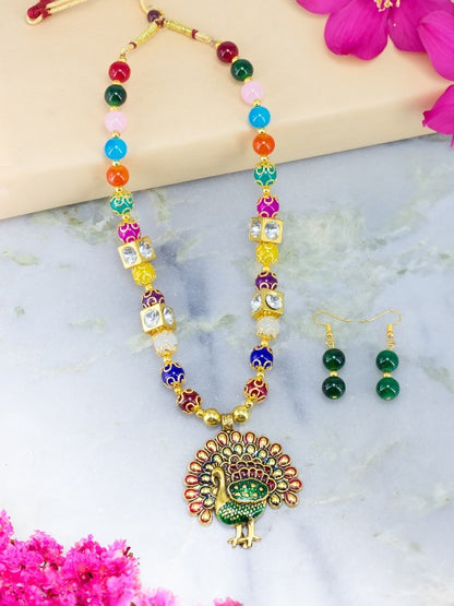 Gold-Plated & Beaded Peacock Necklace & Earrings