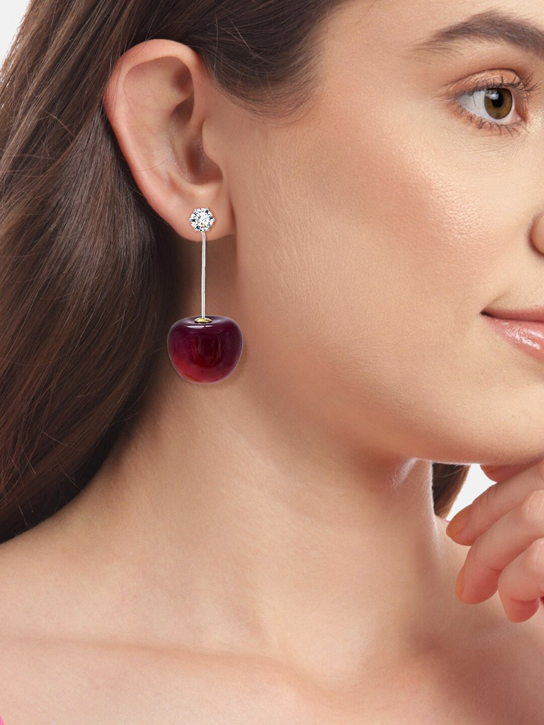 Silver Plated Cherry American Diamond Studded Drop Earrings