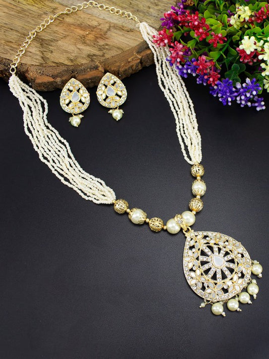 Gold-Plated Stone-Studded & Beaded Teardrop Necklace & Earrings