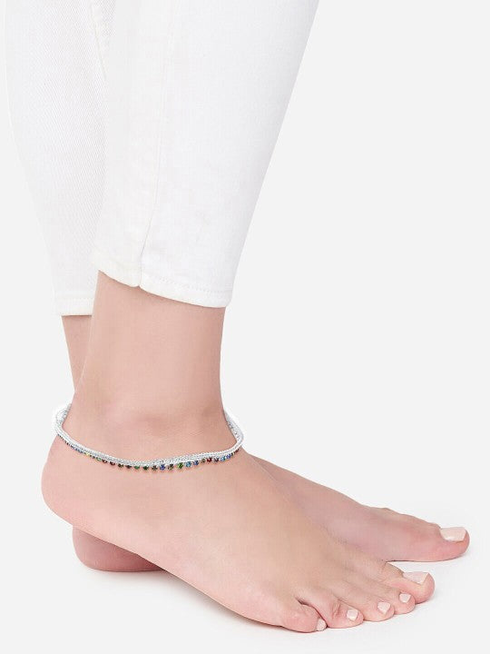 Pair of Silver-Plated Crystal-Studded Anklets For Women