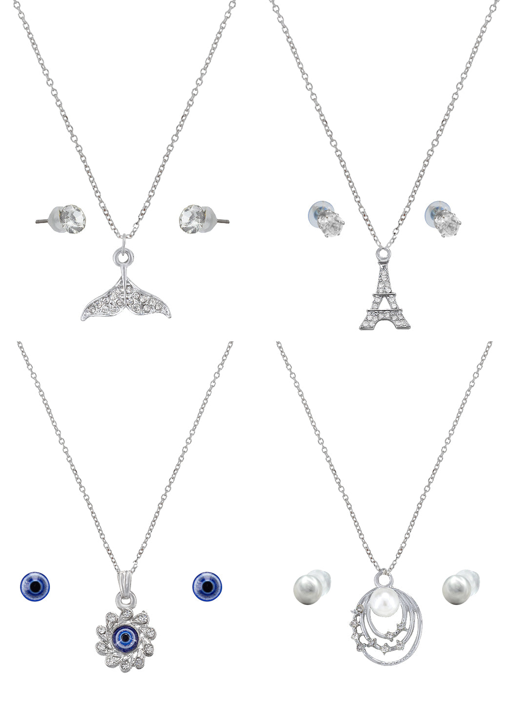 Pack of 4 Silver Plated Pendants & Earrings Set Gift For Girls