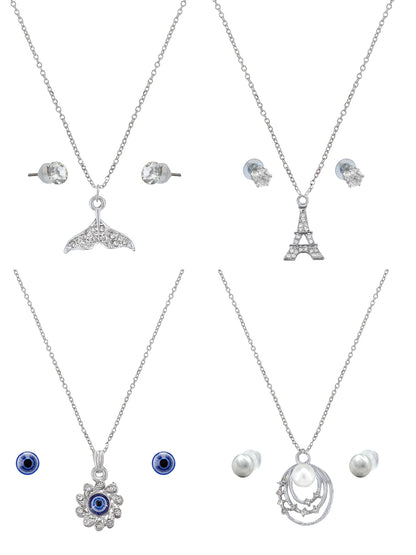 Pack of 4 Silver Plated Pendants & Earrings Set Gift For Girls