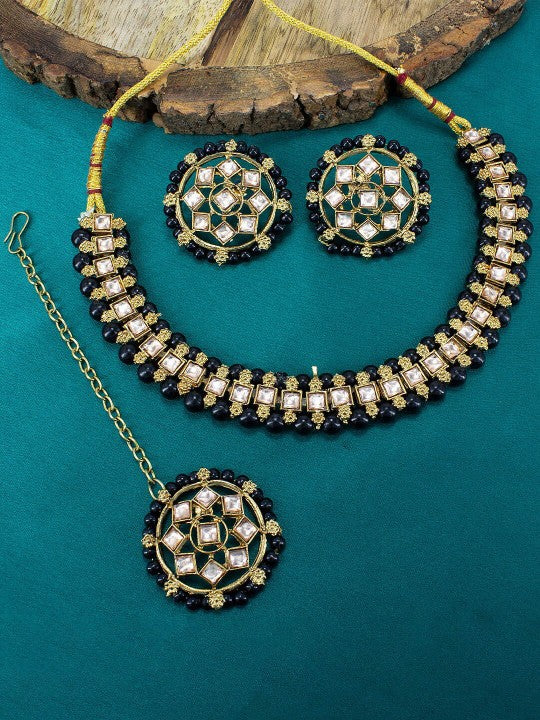 Gold-Plated Stone-Studded & Beaded Jewellery Set With Maangtika