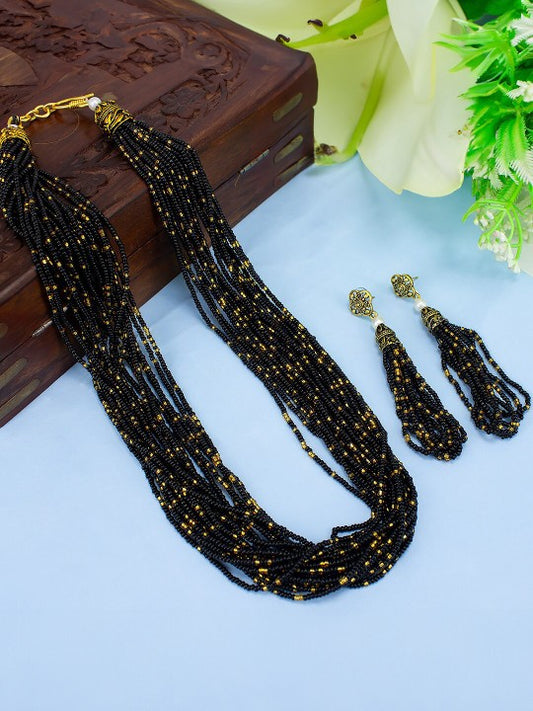 Brass-Plated Black Beaded Necklace & Earrings Set